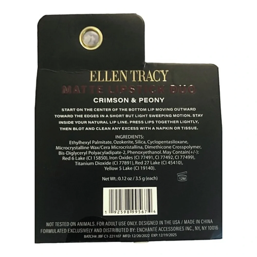 2pack Ellen Tracy matte lipstick duo in crimson‎ & peony new